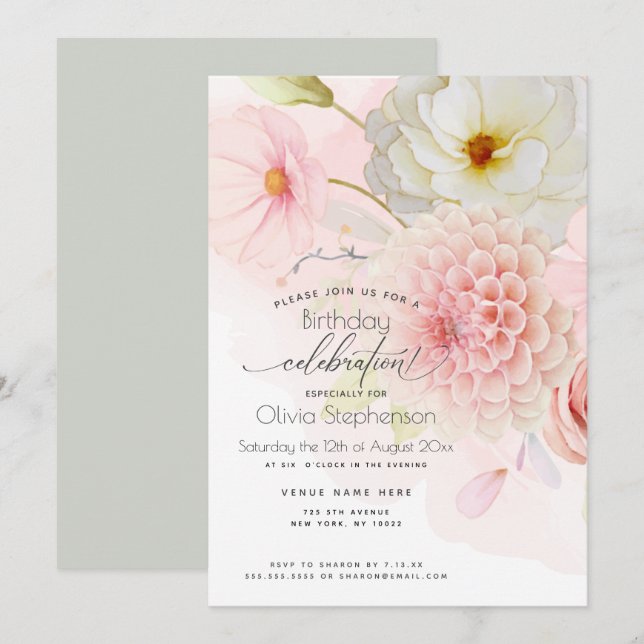 Convite Floral Pastel Rosa para Aniversário de Dah (Frente/Verso)