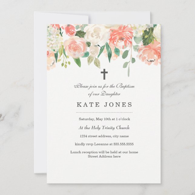 Convite Floral Peach Watercolor Baptism (Frente)