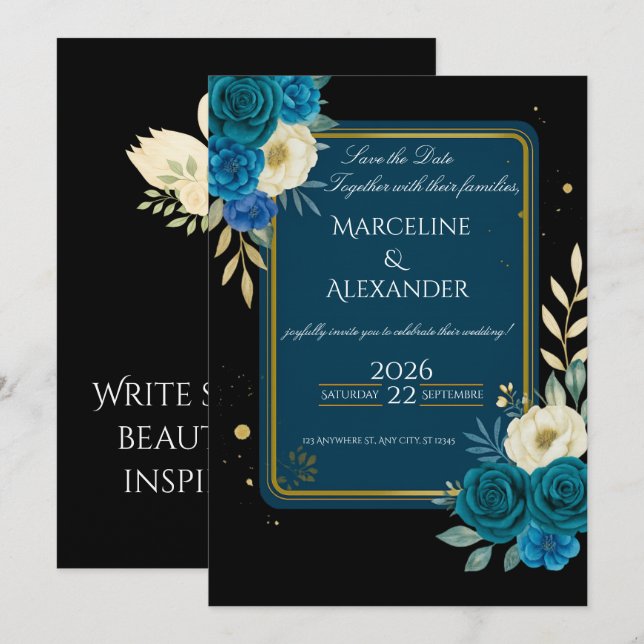 Convite Floral Personalizado Azul Marinho e Rosa (Frente/Verso)