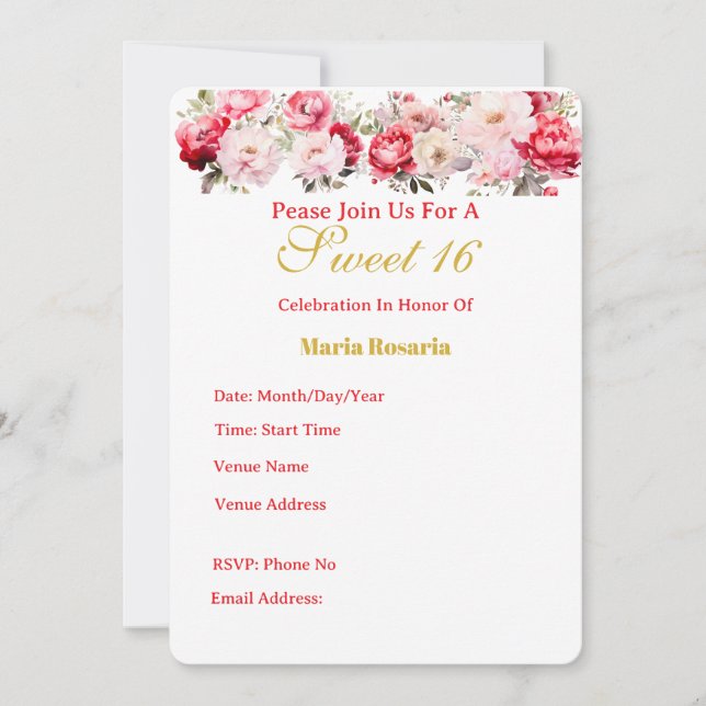 Convite Floral Personalizado para Sweet 16 (Frente)