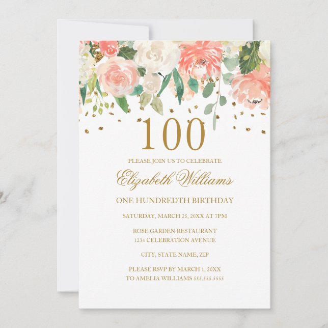 Convite Floral Pêssego Dourado para 100º Aniversár (Frente)