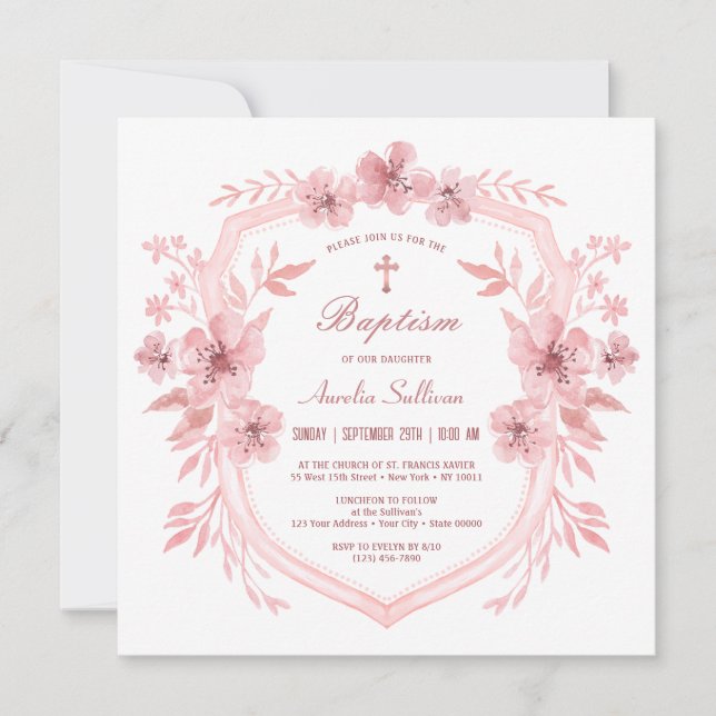 Convite Floral Pink Crest Baptism (Frente)