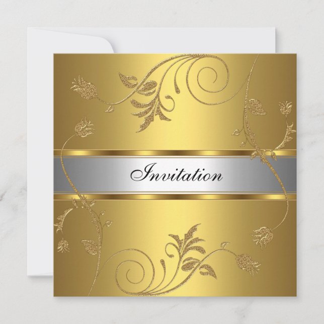 Convite Floral Prata Dourado Elegante (Frente)