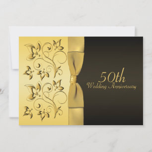 Convite Floral Preto e Dourado de 50º Aniversário