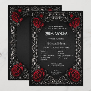 Convite Floral Quinceanera Gótico Vermelho de Hall