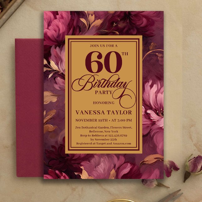 Convite Floral Refined Burgundy para Aniversário d (Refined 60th Birthday Burgundy Blush Floral Invitation)