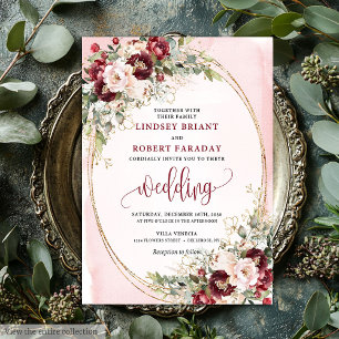 Convite Floral Romântico Boho Borgonha Beijo Doura
