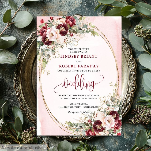 Convite Floral Romântico Boho Borgonha Beijo Doura (Romantic Boho Burgundy Blush Gold Floral Invite)