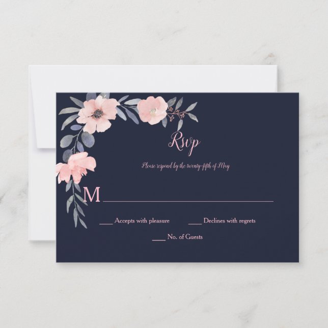 Convite Floral Rosa - Azul Marinho - Casamento | (Frente)