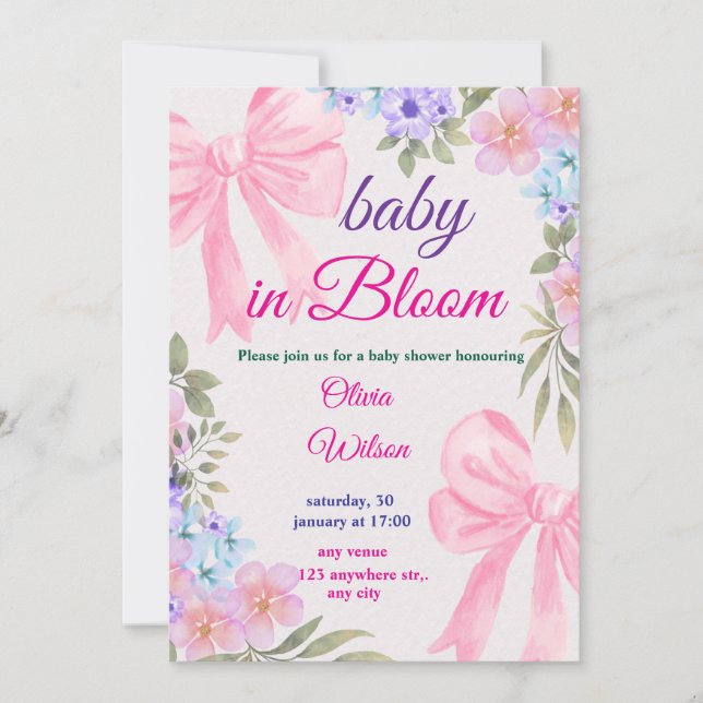 Convite Floral Rosa Baby In Bloom  (Frente)