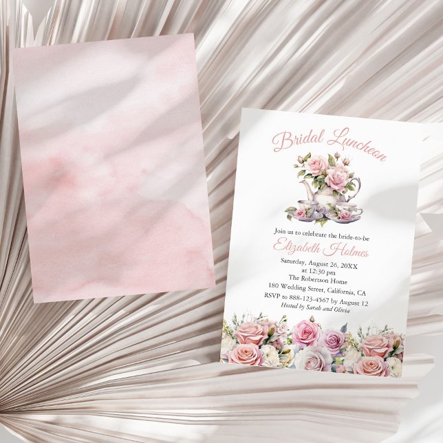 Convite Floral Rosa Bege para Almoço de Noiva (Blush Pink Roses Tea Set Bridal Luncheon Invitation on  a sunny neutral dry palm leaf.)