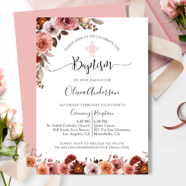 Convite Floral Rosa Bege para Batizado de Menina (Criador carregado)