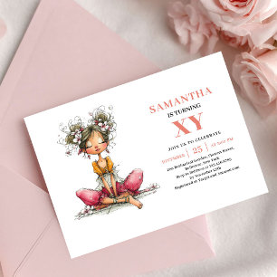 Convite Floral Rosa de 4º Aniversário da Menina Fa
