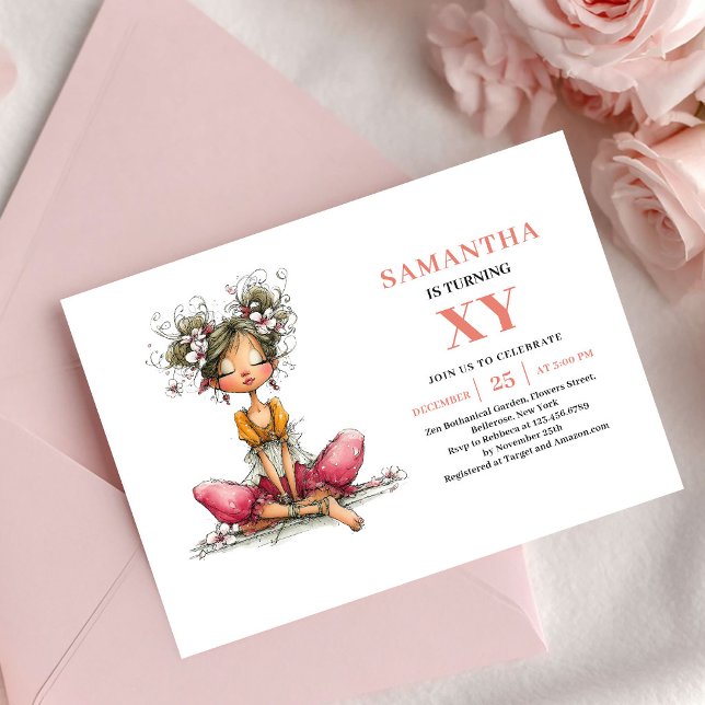 Convite Floral Rosa de 4º Aniversário da Menina Fa (Whimsy Fairy Girl 4th Birthday Pink Floral invitation)