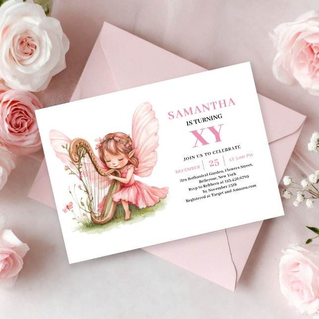 Convite Floral Rosa de Aniversário da Menina Fada  (Cute Fairy Girl Birthday Floral Pink invitation)