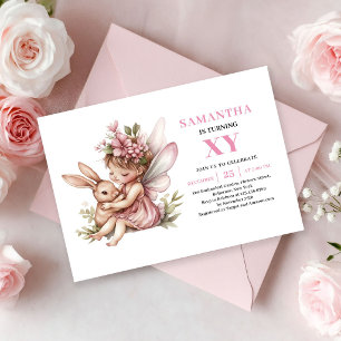Convite Floral Rosa de Aniversário de Menina Fada 