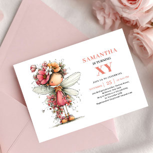 Convite Floral Rosa do 7º Aniversário da Garotinha