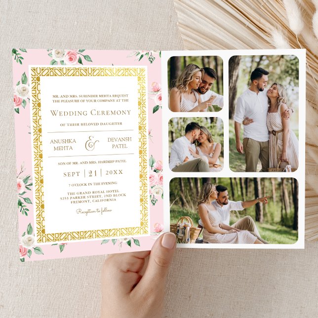 Convite Floral Rosa Esbranquiçado Tudo em Um Dourado Casam (Criador carregado)