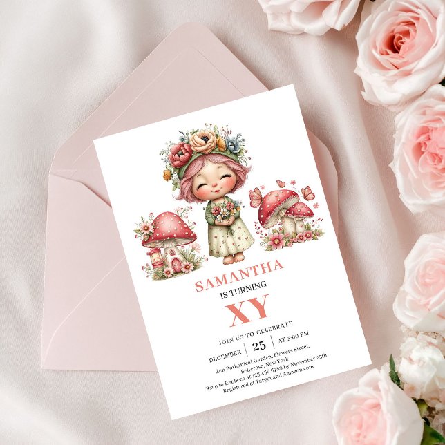 Convite Floral Rosa para 1º Aniversário da Rosy Fa (Rosy Fairy 1st Birthday Pink Floral Invitation)