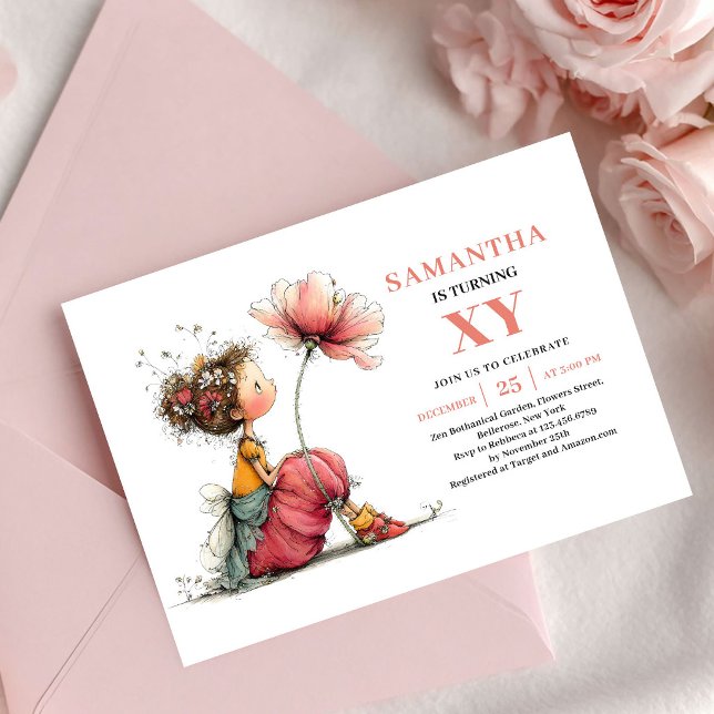 Convite Floral Rosa para 4º Aniversário da Doce Me (Sweet Fairy Girl 4th Birthday Pink Floral invitation)