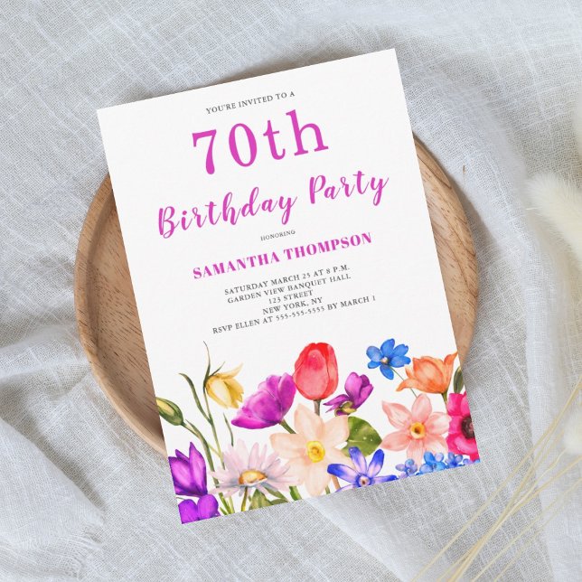 Convite Floral Rosa para 70º Aniversário (Criador carregado)