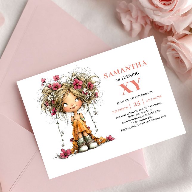 Convite Floral Rosa para o 4º Aniversário da Garot (Fantasy Fairy Girl 4th Birthday Pink Floral invitation)