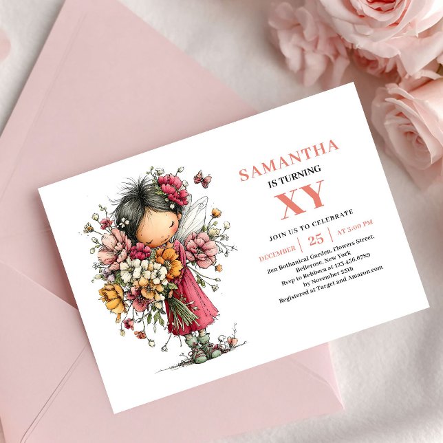 Convite Floral Rosa para o 7º Aniversário da Menin (Lovely Fairy Girl 7th Birthday Pink Floral invitation)