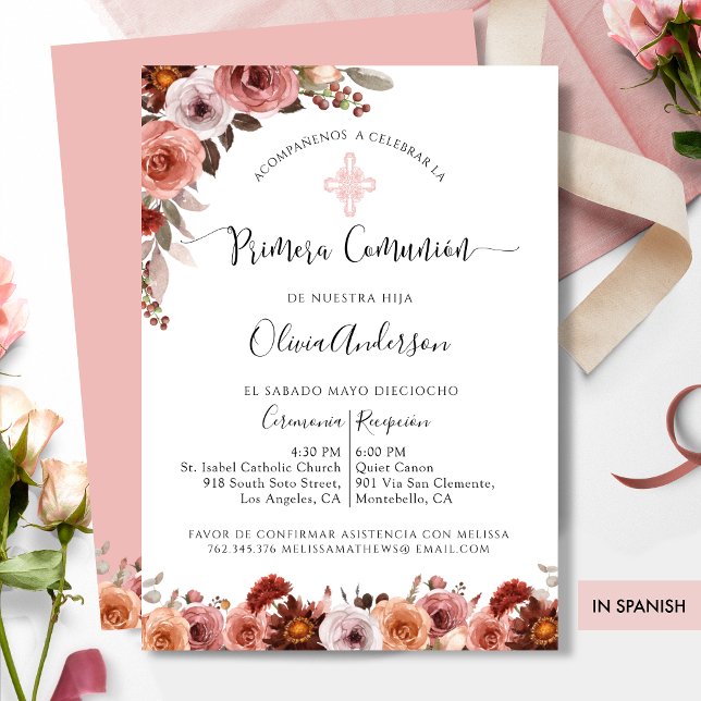 Convite Floral Rosa para Primeira Comunhão Espanho (Criador carregado)