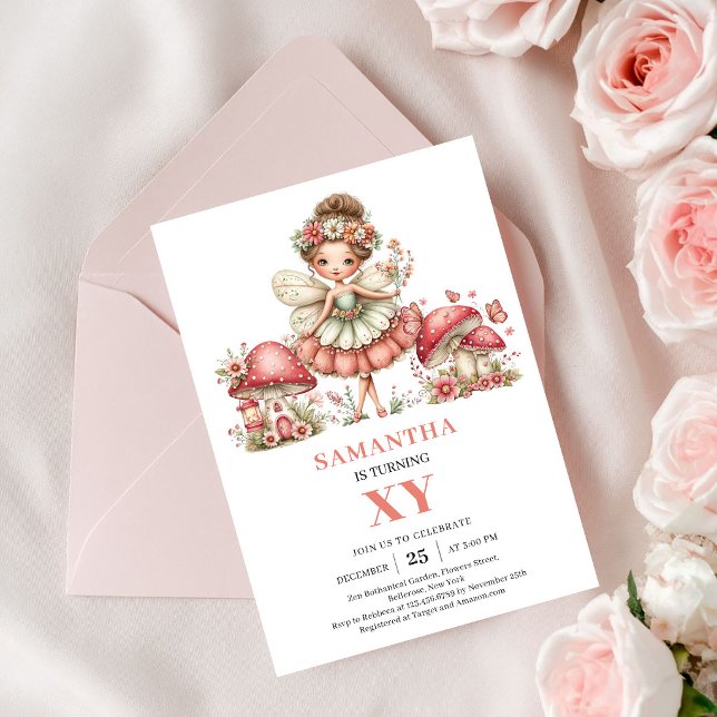 Convite Floral Rosa Pastel para 4º Aniversário da  (Fancy Fairy 4th Birthday Pastel Pink Floral Invite)