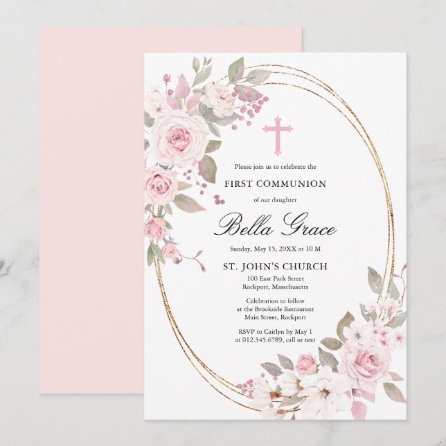 Convite Floral Rosa Rústico para Primeira Comunhão (Frente/Verso)