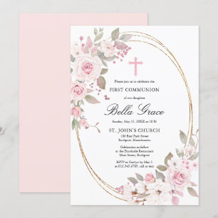 Convite Floral Rosa Rústico para Primeira Comunhão