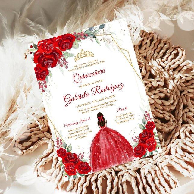 Convite Floral Rosa Vermelha Dourada Quinceanera (Criador carregado)