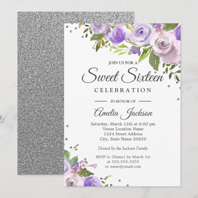 Convite Floral Roxo Brilho Prata para Festa Sweet  (Frente/Verso)