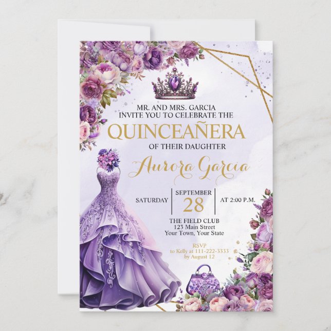 Convite Floral Roxo de Quinze Anos (Frente)