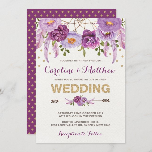 Convite floral roxo do casamento de Boho da (Frente/Verso)