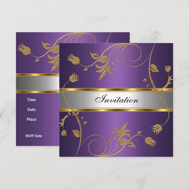 Convite Floral Roxo Dourado Prata Elegante (Frente/Verso)