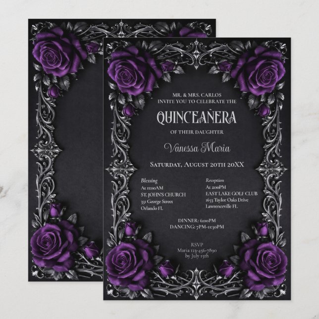 Convite Floral Roxo Gótico de Halloween Quinceaner (Frente/Verso)