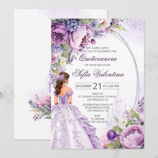 Convite Floral Roxo Prata para Quinze Anos (Frente/Verso)