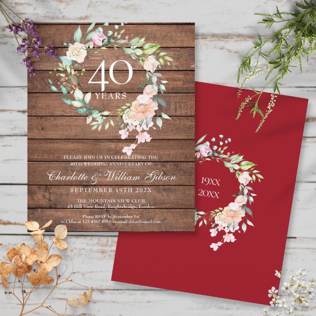 Convite Floral Rubi de 40º Aniversário Rústico Eco (Budget Rustic 40th Anniversary Ruby Floral Invite)