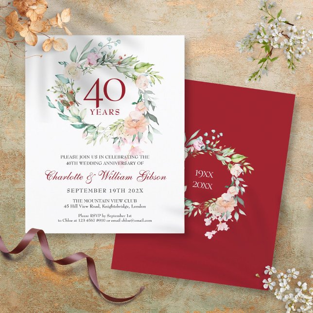 Convite Floral Rubi de Aniversário de 40 Anos no O (Budget 40th Anniversary Ruby Floral Invitation)