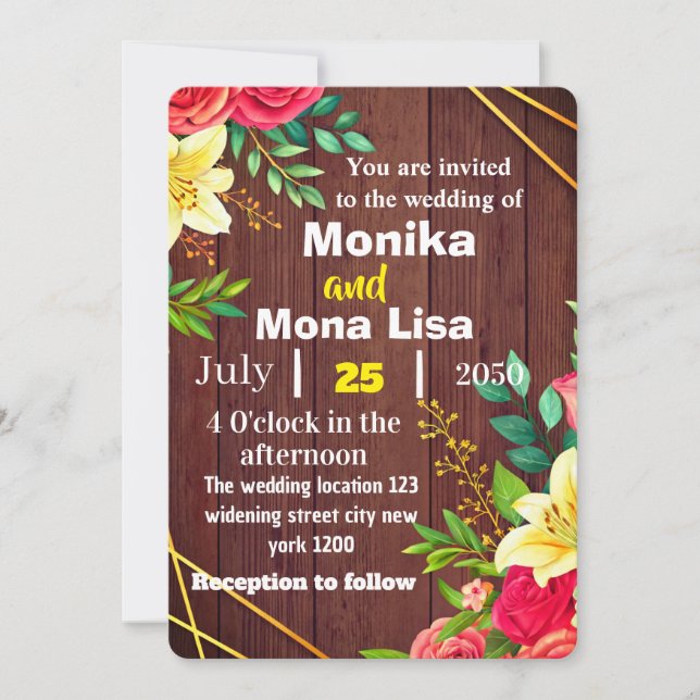 Convite Floral Rustic para Casamento com Wooden (Frente)