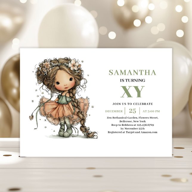Convite Floral Sage de Aniversário da Menina Fada  (Cute Fairy Girl Birthday Floral Sage Invitation)