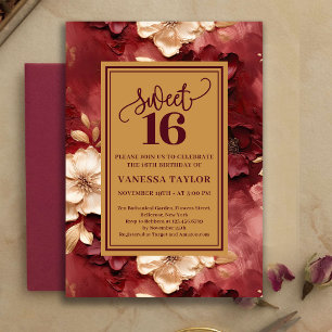 Convite Floral Sofisticado de Doze Anos em Burgund