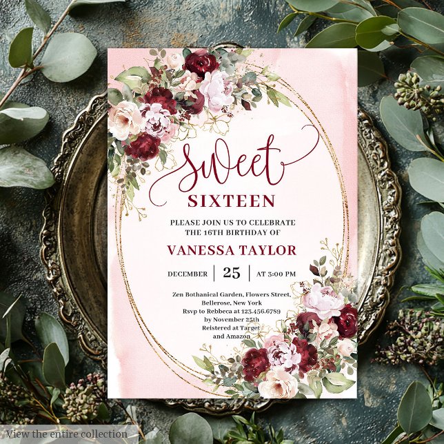 Convite Floral Sweet 16 Timeless Burgundy Blush (Timeless Burgundy Blush Floral Sweet 16 Invite)