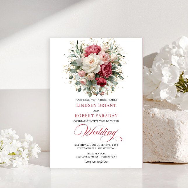 Convite Floral Verde Branco Vermelho Boêmio Refina (Refined Bohemian Red White Floral Greenery Invitation)