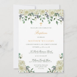 Convite Floral Verde Dourado Branco para Batismo F