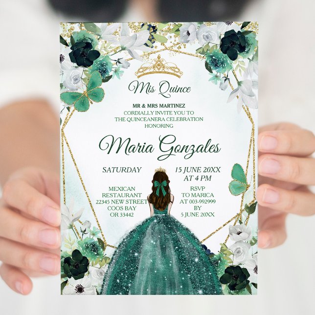 Convite Floral Verde e Dourada Charra QUINCEAÑERA (Criador carregado)