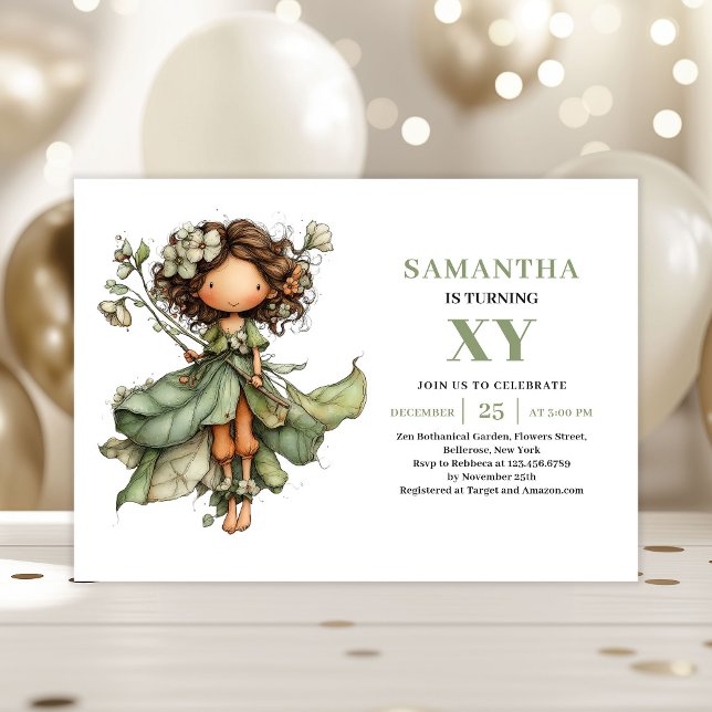 Convite Floral Verde Empoeirado para Aniversário d (Fairy Girl Birthday Dusty Green Floral Invitation)