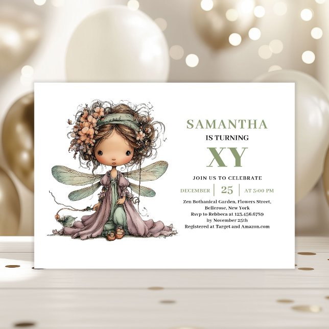 Convite Floral Verde para Aniversário de Menina Fa (Cute Fairy Girl Birthday Greenery Floral Invitation)