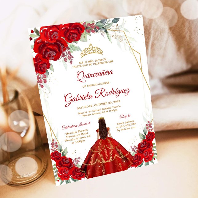 Convite Floral Vermelho Dourado Quinceanera (Criador carregado)